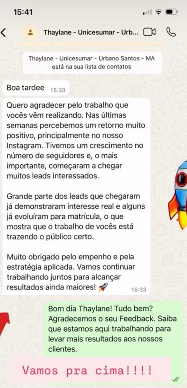 Print de conversa no WhatsApp com depoimento de Thaylane