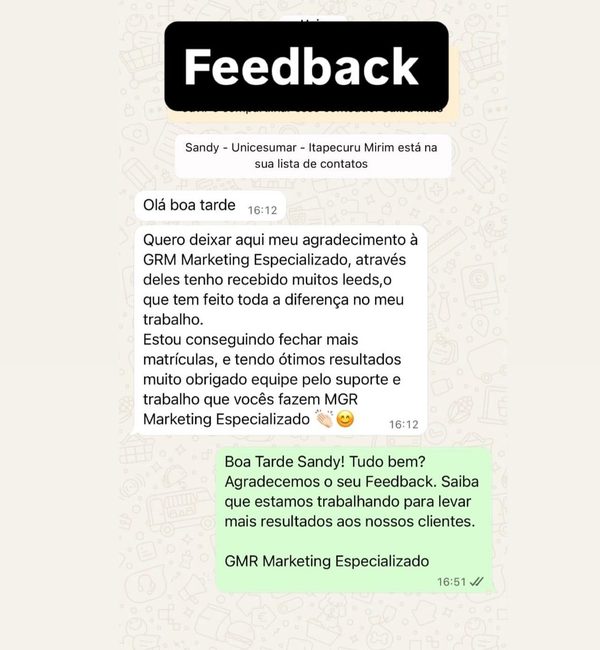 Print de conversa no WhatsApp com depoimento de Sandy